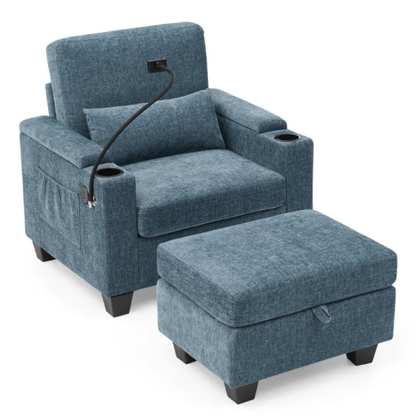 English Elm Single Chenille Recliner with Ottoman USB Port Hidden Storage and Cup Holders Blue W487P556700