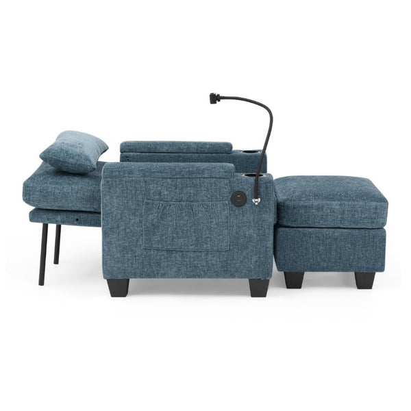 English Elm Single Chenille Recliner with Ottoman USB Port Hidden Storage and Cup Holders Blue W487P556700
