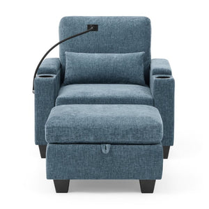 English Elm Single Chenille Recliner with Ottoman USB Port Hidden Storage and Cup Holders Blue W487P556700