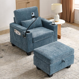 English Elm Single Chenille Recliner with Ottoman USB Port Hidden Storage and Cup Holders Blue W487P556700
