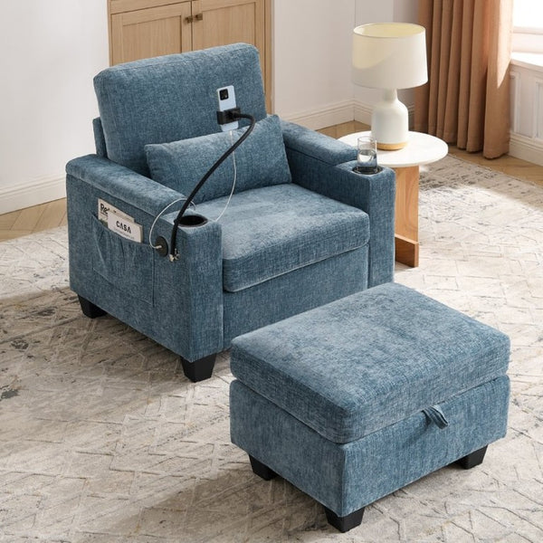 English Elm Single Chenille Recliner with Ottoman USB Port Hidden Storage and Cup Holders Blue W487P556700