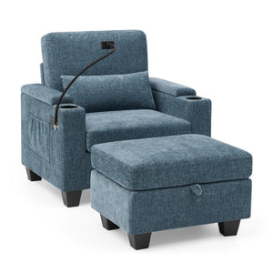 English Elm Single Chenille Recliner with Ottoman USB Port Hidden Storage and Cup Holders Blue W487P556700