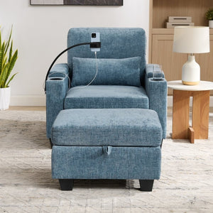 English Elm Single Chenille Recliner with Ottoman USB Port Hidden Storage and Cup Holders Blue W487P556700