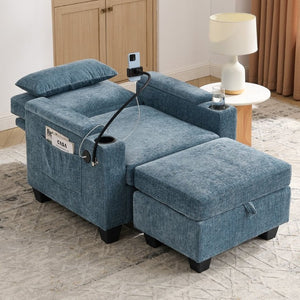 English Elm Single Chenille Recliner with Ottoman USB Port Hidden Storage and Cup Holders Blue W487P556700
