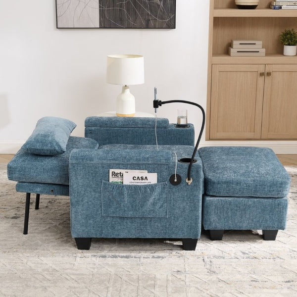 English Elm Single Chenille Recliner with Ottoman USB Port Hidden Storage and Cup Holders Blue W487P556700