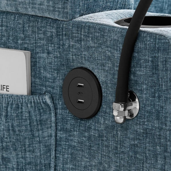 English Elm Single Chenille Recliner with Ottoman USB Port Hidden Storage and Cup Holders Blue W487P556700