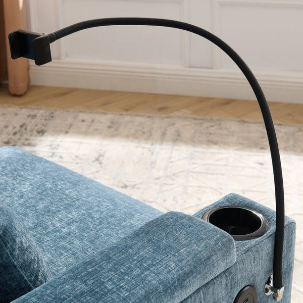 English Elm Single Chenille Recliner with Ottoman USB Port Hidden Storage and Cup Holders Blue W487P556700
