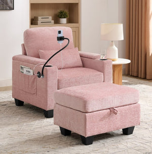 English Elm Single Chenille Recliner with Ottoman USB Port Hidden Storage and Cup Holders Pink W487P556701