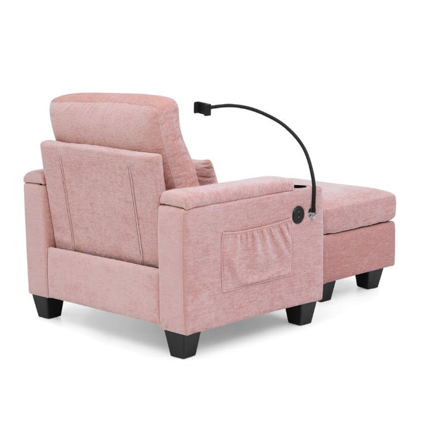 English Elm Single Chenille Recliner with Ottoman USB Port Hidden Storage and Cup Holders Pink W487P556701