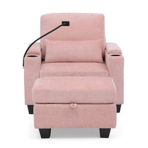 English Elm Single Chenille Recliner with Ottoman USB Port Hidden Storage and Cup Holders Pink W487P556701