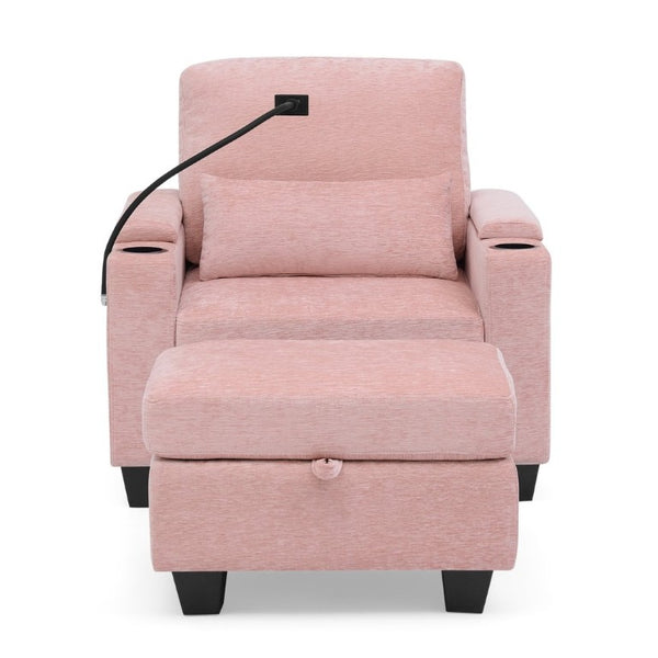 English Elm Single Chenille Recliner with Ottoman USB Port Hidden Storage and Cup Holders Pink W487P556701