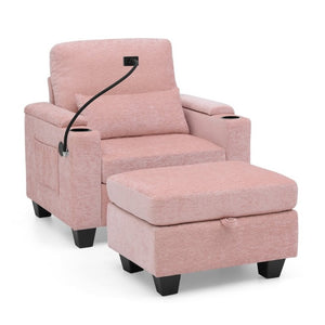 English Elm Single Chenille Recliner with Ottoman USB Port Hidden Storage and Cup Holders Pink W487P556701
