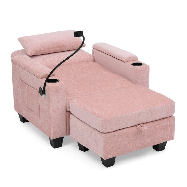 English Elm Single Chenille Recliner with Ottoman USB Port Hidden Storage and Cup Holders Pink W487P556701