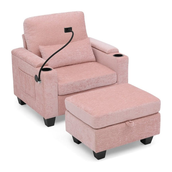 English Elm Single Chenille Recliner with Ottoman USB Port Hidden Storage and Cup Holders Pink W487P556701