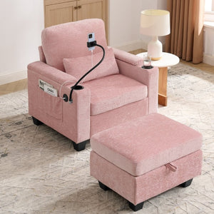 English Elm Single Chenille Recliner with Ottoman USB Port Hidden Storage and Cup Holders Pink W487P556701