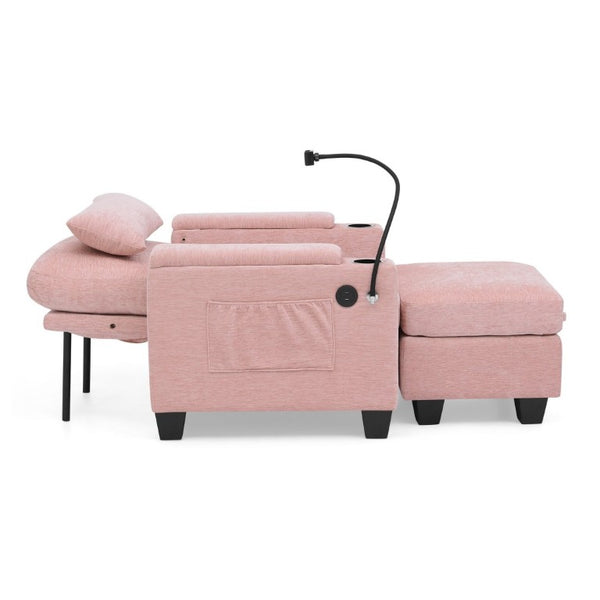 English Elm Single Chenille Recliner with Ottoman USB Port Hidden Storage and Cup Holders Pink W487P556701