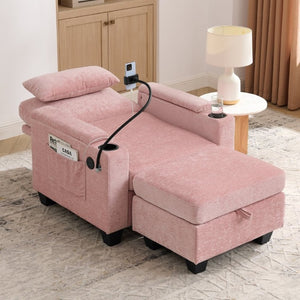 English Elm Single Chenille Recliner with Ottoman USB Port Hidden Storage and Cup Holders Pink W487P556701