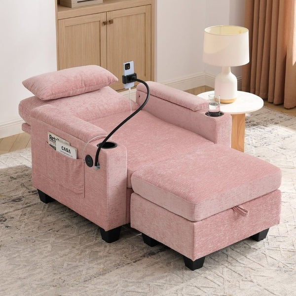 English Elm Single Chenille Recliner with Ottoman USB Port Hidden Storage and Cup Holders Pink W487P556701