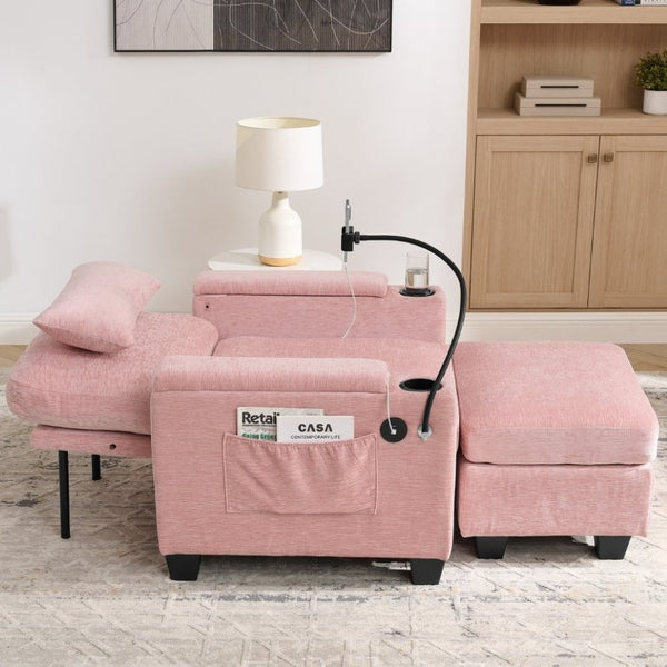 English Elm Single Chenille Recliner with Ottoman USB Port Hidden Storage and Cup Holders Pink W487P556701