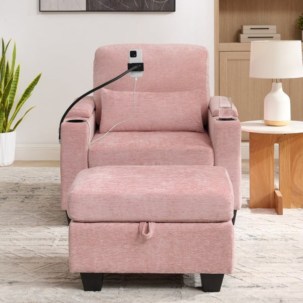 English Elm Single Chenille Recliner with Ottoman USB Port Hidden Storage and Cup Holders Pink W487P556701