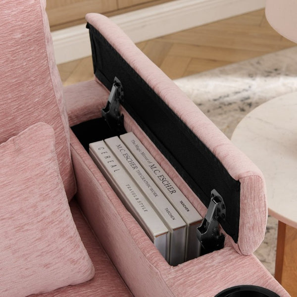 English Elm Single Chenille Recliner with Ottoman USB Port Hidden Storage and Cup Holders Pink W487P556701