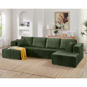 English Elm U Shape Modular Sectional Corduroy Sofa Sleeper Plush Foam Spring Living Room Couch Green W487S00377