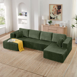 English Elm U Shape Modular Sectional Corduroy Sofa Sleeper Plush Foam Spring Living Room Couch Green W487S00377