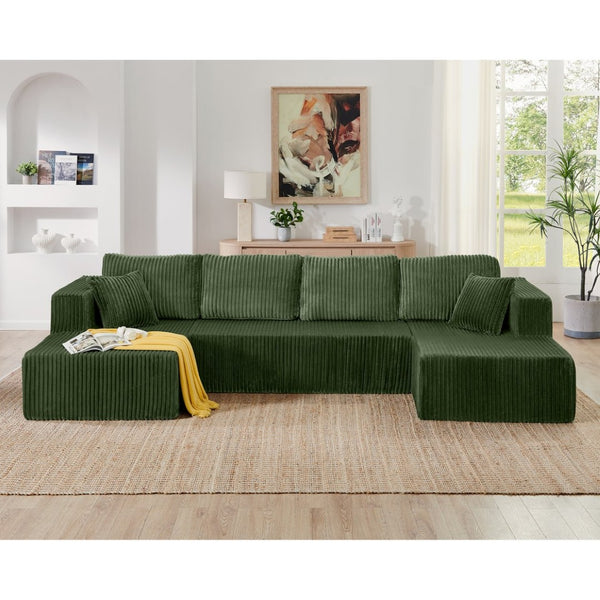 English Elm U Shape Modular Sectional Corduroy Sofa Sleeper Plush Foam Spring Living Room Couch Green W487S00377