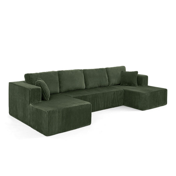 English Elm U Shape Modular Sectional Corduroy Sofa Sleeper Plush Foam Spring Living Room Couch Green W487S00377