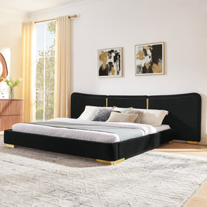 English Elm King Platform Bed Curved Chenille Headboard Electroplated Legs Light Luxury Bedroom Frame Black W487S00533