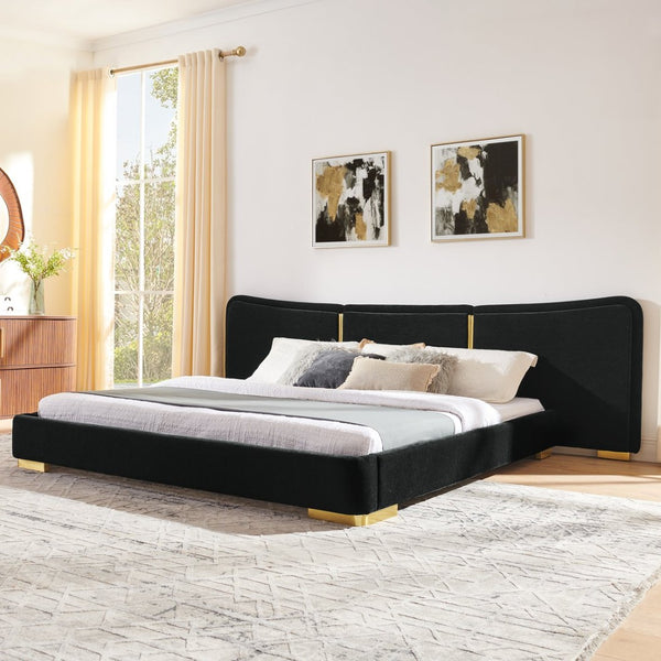 English Elm King Platform Bed Curved Chenille Headboard Electroplated Legs Light Luxury Bedroom Frame Black W487S00533