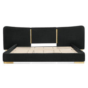 English Elm King Platform Bed Curved Chenille Headboard Electroplated Legs Light Luxury Bedroom Frame Black W487S00533