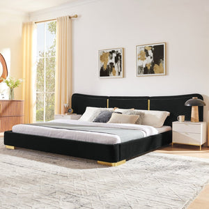 English Elm King Platform Bed Curved Chenille Headboard Electroplated Legs Light Luxury Bedroom Frame Black W487S00533