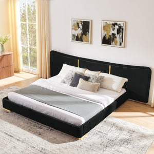 English Elm King Platform Bed Curved Chenille Headboard Electroplated Legs Light Luxury Bedroom Frame Black W487S00533