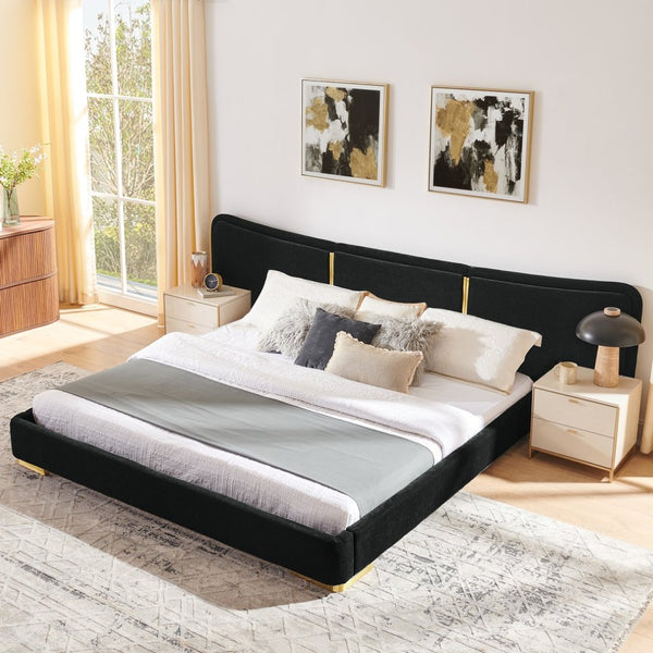 English Elm King Platform Bed Curved Chenille Headboard Electroplated Legs Light Luxury Bedroom Frame Black W487S00533