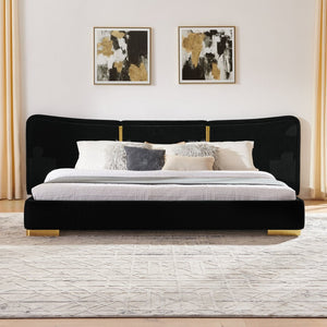 English Elm King Platform Bed Curved Chenille Headboard Electroplated Legs Light Luxury Bedroom Frame Black W487S00533