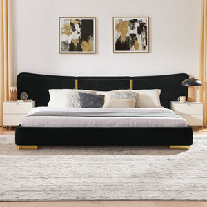 English Elm King Platform Bed Curved Chenille Headboard Electroplated Legs Light Luxury Bedroom Frame Black W487S00533