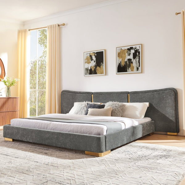 English Elm King Platform Bed Curved Chenille Headboard Electroplated Legs Light Luxury Bedroom Frame Dark Gray W487S00534