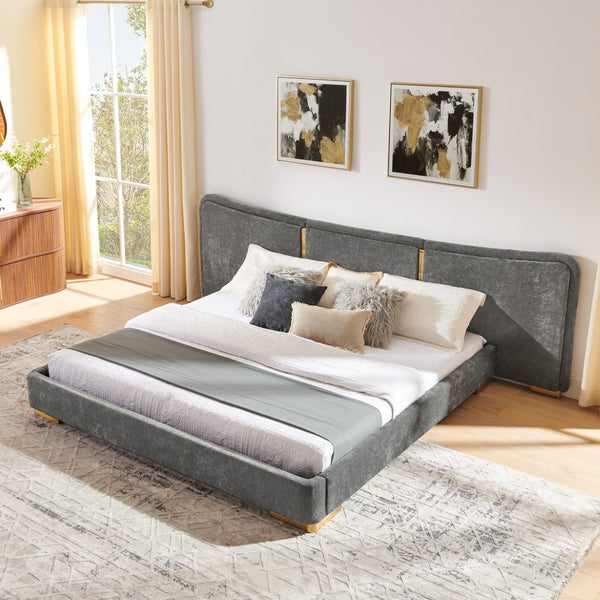 English Elm King Platform Bed Curved Chenille Headboard Electroplated Legs Light Luxury Bedroom Frame Dark Gray W487S00534