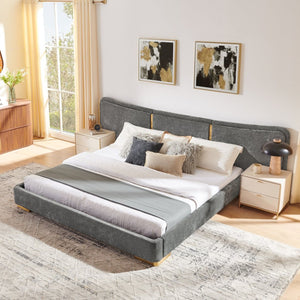 English Elm King Platform Bed Curved Chenille Headboard Electroplated Legs Light Luxury Bedroom Frame Dark Gray W487S00534