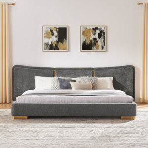 English Elm King Platform Bed Curved Chenille Headboard Electroplated Legs Light Luxury Bedroom Frame Dark Gray W487S00534