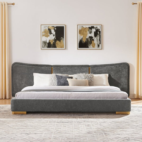 English Elm King Platform Bed Curved Chenille Headboard Electroplated Legs Light Luxury Bedroom Frame Dark Gray W487S00534