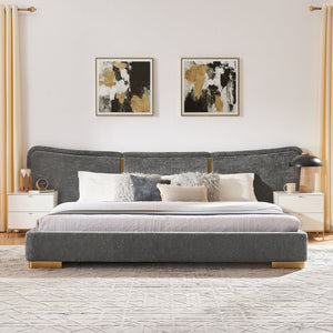 English Elm King Platform Bed Curved Chenille Headboard Electroplated Legs Light Luxury Bedroom Frame Dark Gray W487S00534