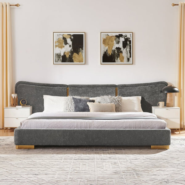 English Elm King Platform Bed Curved Chenille Headboard Electroplated Legs Light Luxury Bedroom Frame Dark Gray W487S00534