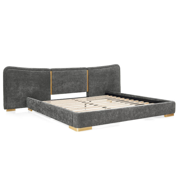 English Elm King Platform Bed Curved Chenille Headboard Electroplated Legs Light Luxury Bedroom Frame Dark Gray W487S00534