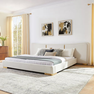 English Elm King Platform Bed Curved Chenille Headboard Electroplated Legs Light Luxury Bedroom Frame Beige W487S00535
