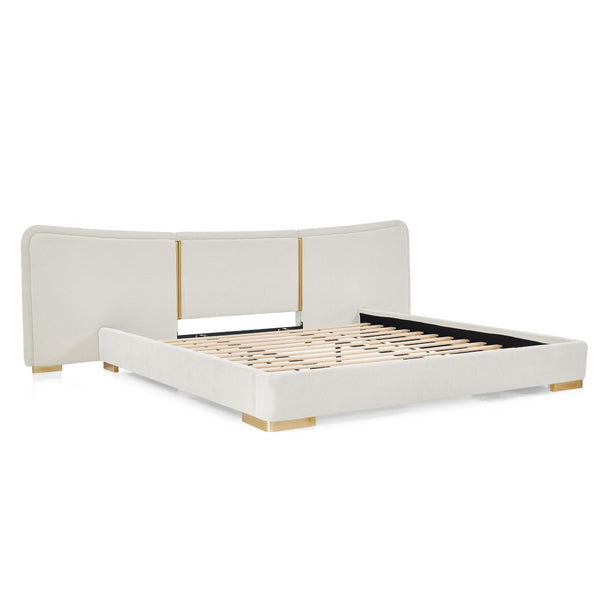 English Elm King Platform Bed Curved Chenille Headboard Electroplated Legs Light Luxury Bedroom Frame Beige W487S00535