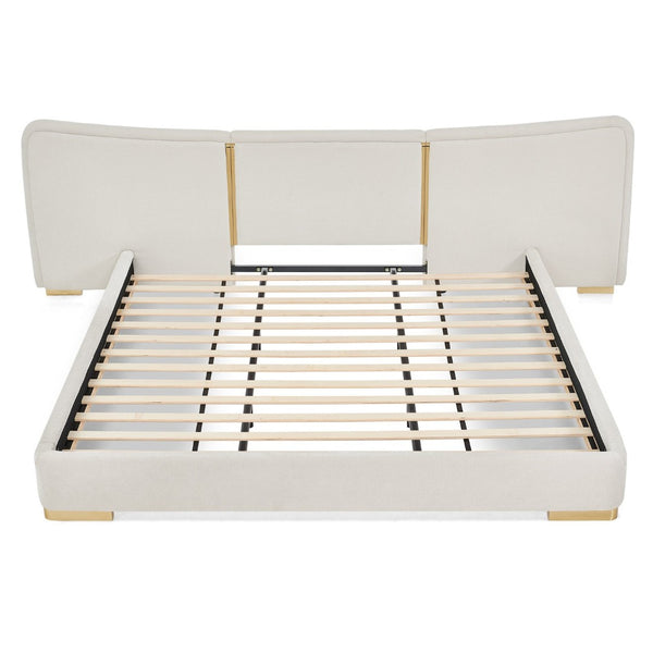 English Elm King Platform Bed Curved Chenille Headboard Electroplated Legs Light Luxury Bedroom Frame Beige W487S00535