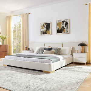 English Elm King Platform Bed Curved Chenille Headboard Electroplated Legs Light Luxury Bedroom Frame Beige W487S00535