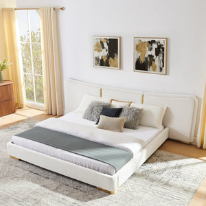 English Elm King Platform Bed Curved Chenille Headboard Electroplated Legs Light Luxury Bedroom Frame Beige W487S00535